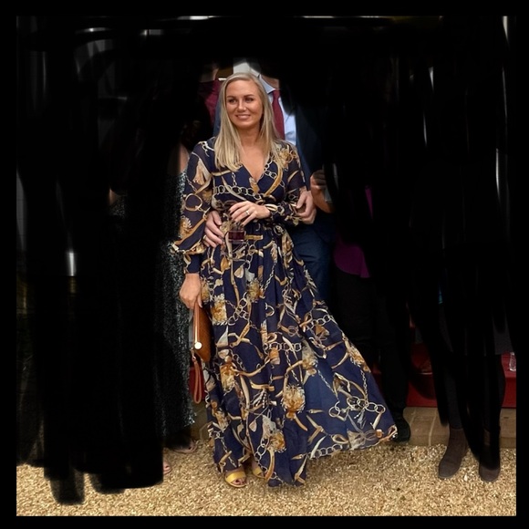 Fashion nova dress; small; navy blue w. gold design. Long sleeve maxi - Picture 2 of 7